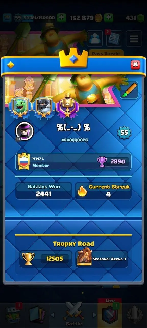 CR537 Max Arena 27 12505 Trophies 11 Evolutions 74 Emotes 93 Banners 11 Level 15 Elites 